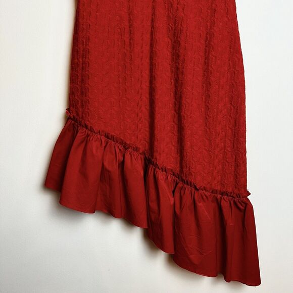 Finders Keepers Memento Dress Red Asymmetrical Ruffle Hem Embroidery Sz M - Picture 6 of 16